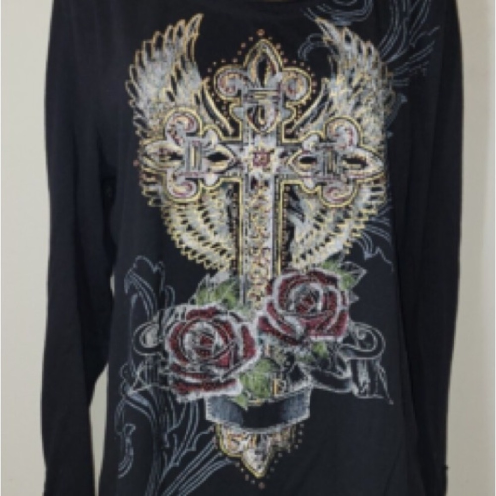 Maurices 3XL Moto Tattoo Cross Roses Wings Motorcycle Long Sleeve Blouse Top